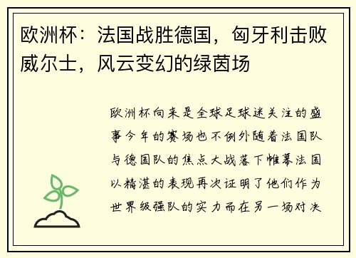 欧洲杯：法国战胜德国，匈牙利击败威尔士，风云变幻的绿茵场