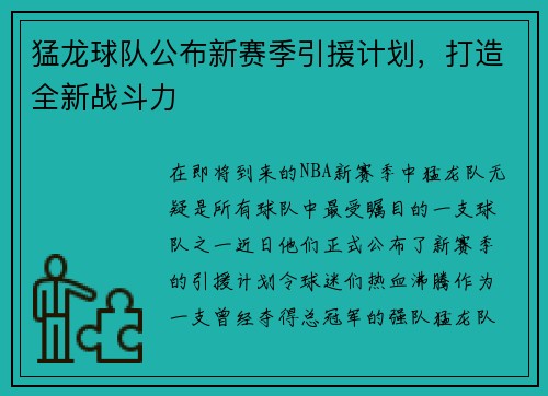 猛龙球队公布新赛季引援计划，打造全新战斗力